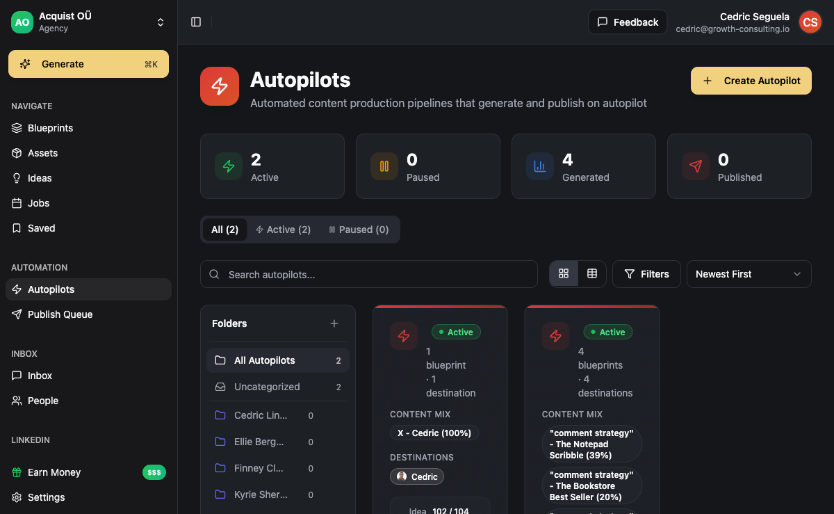 ACA Autopilots dashboard showing two AI agent pipelines running on schedule across multiple client workspaces