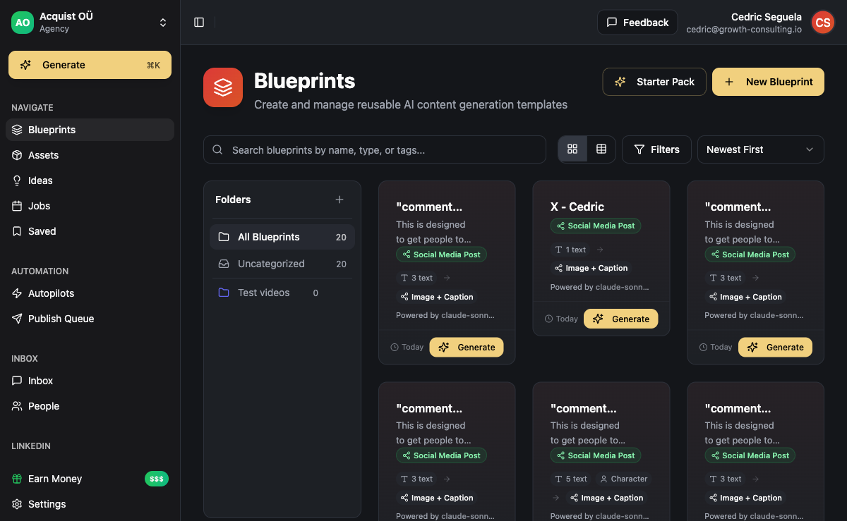 ACA content blueprint editor showing brand voice, character, knowledge base, and multi-format output configuration for a B2B agency client