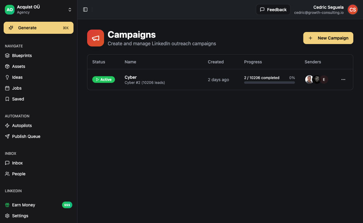 ACA campaign builder showing multi-channel sequence with conditional branches for LinkedIn, email, and WhatsApp