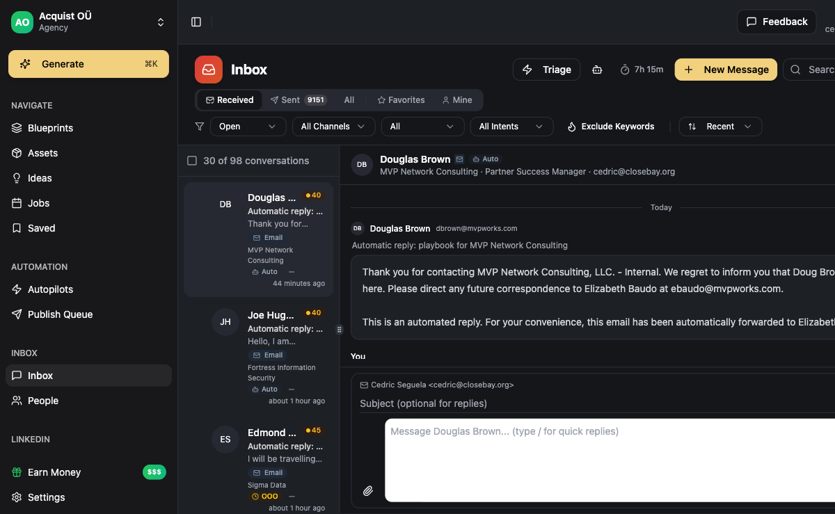 ACA unified inbox showing consolidated replies across LinkedIn, email, and WhatsApp