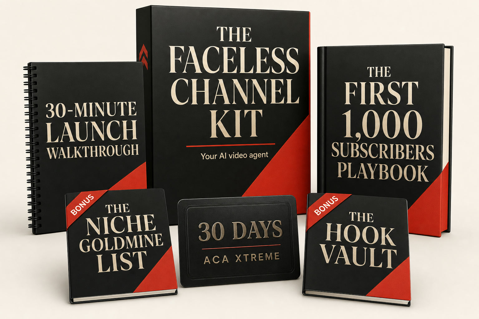 The Faceless Channel Kit bundle: the agent, the First 1,000 Subscribers Playbook, the 30-Minute Launch Walkthrough, both bonuses, and 30 days of ACA Xtreme